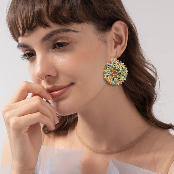 Multicolored Beaded Crystal Round Disc Boho Statement Dangling Hook Earrings - Picture 4 of 6